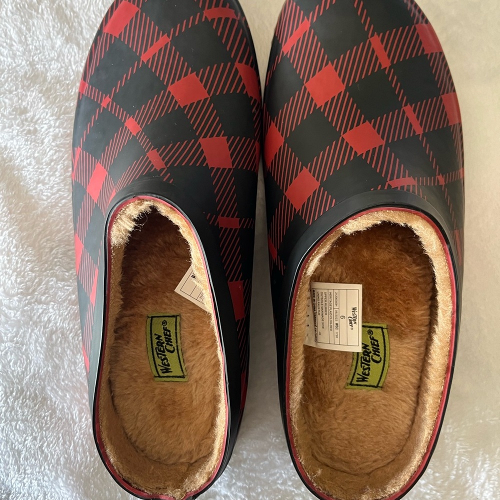 Western Chief Red and Black Checkered lined clogs.